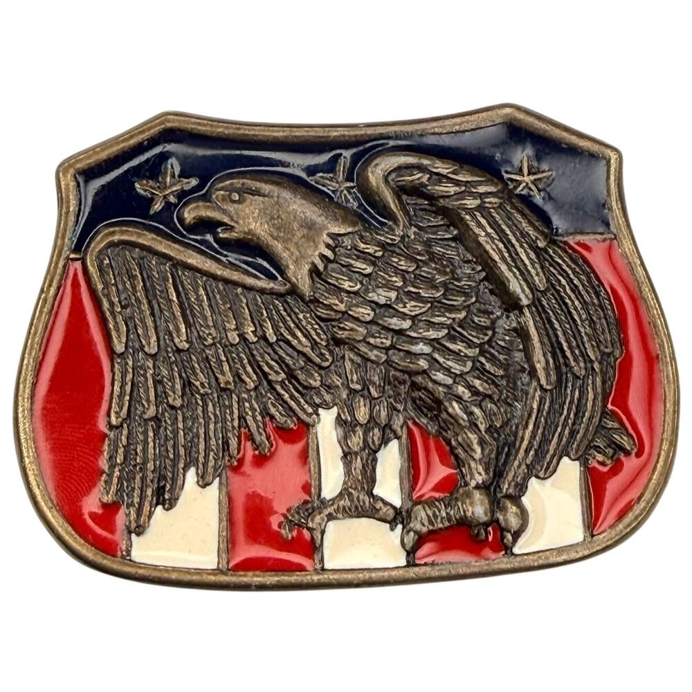 Vintage 1980s American Eagle Belt Buckle USA Flag Enamel Patriotic Americana